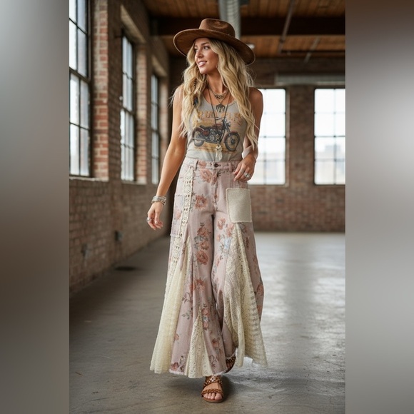Bluevelvet Pants - NWT Floral Print Boho Patchwork Lace Panel Ultra Wide Leg Flare Bohemian Pants